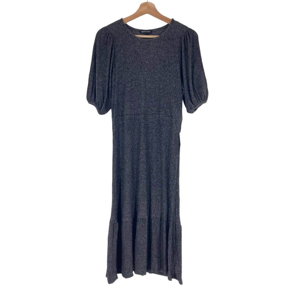 Max + Ash Nordstrom Ribbed Puff Sleeve Slip Midi Dress in Black